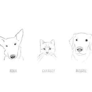 May include: Line drawing of three pets: a dog named Kora, a cat named Chansey, and a dog named Russell.