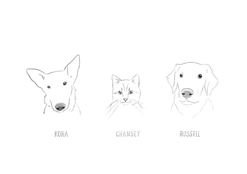 May include: Line drawing of three pets: a dog named Kora, a cat named Chansey, and a dog named Russell.