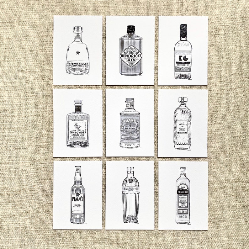 May include: Nine black and white illustrations of different gin bottles on white cards. The bottles are labeled with the names of the gins, including Caorunn, Hendrick's, Tanqueray, Gunpowder Irish Gin, Jawbox, Plymouth, and Beefeater.