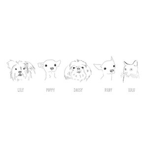May include: Black and white line drawing of five pet portraits. The pets are a dog named Lily, a dog named Poppy, a dog named Daisy, a dog named Ruby, and a cat named Lulu.