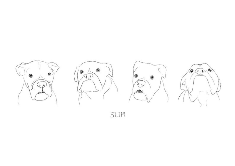 May include: Line drawing of four bulldog faces, each with a different expression. The text "SLIM" is below the images.