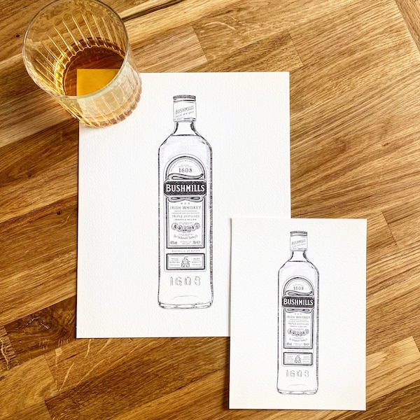 BUSHMILLS Irish whiskey Bottle Original drawing Print