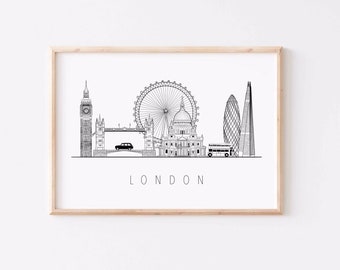 London Skyline Print, Landmarks of London, Cityscape Art