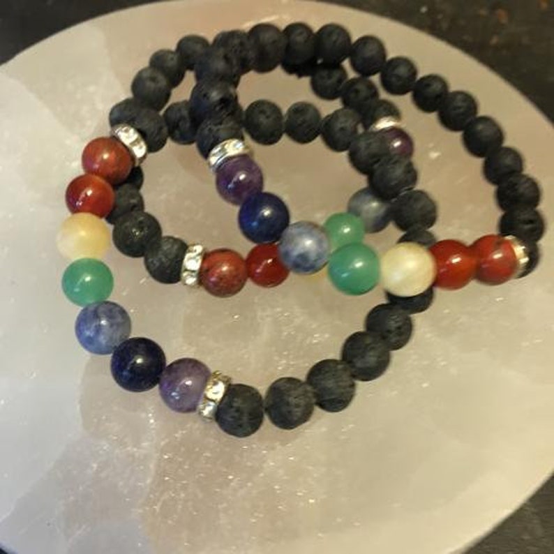 Chakra Lava and Crystal Bracelets With Drawstring Pouch and Clear Quartz Point Included FREE Domestic Shipping