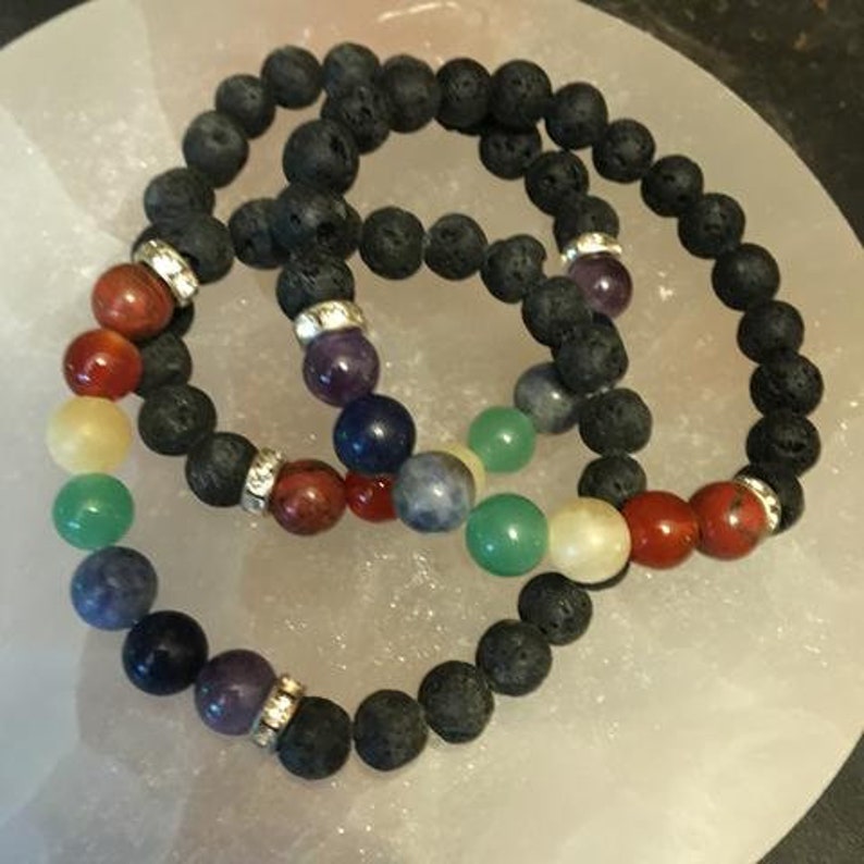 Chakra Lava and Crystal Bracelets With Drawstring Pouch and Clear Quartz Point Included FREE Domestic Shipping