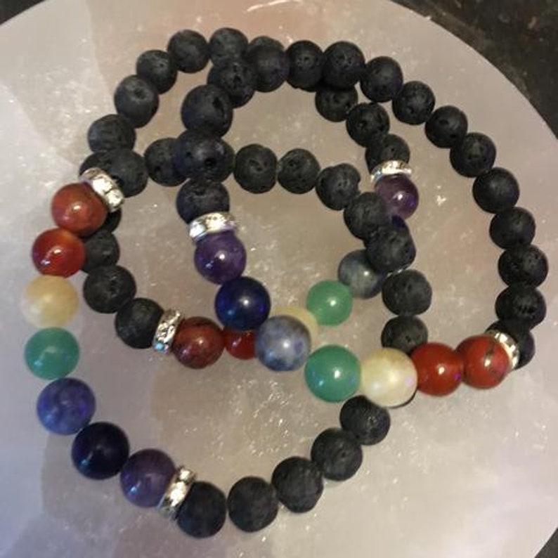 Chakra Lava and Crystal Bracelets With Drawstring Pouch and Clear Quartz Point Included FREE Domestic Shipping