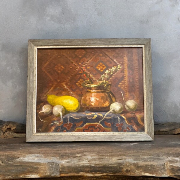 Robert Padovano Original Oil Painting on canvas of turnips and textile. still life. custom framed.