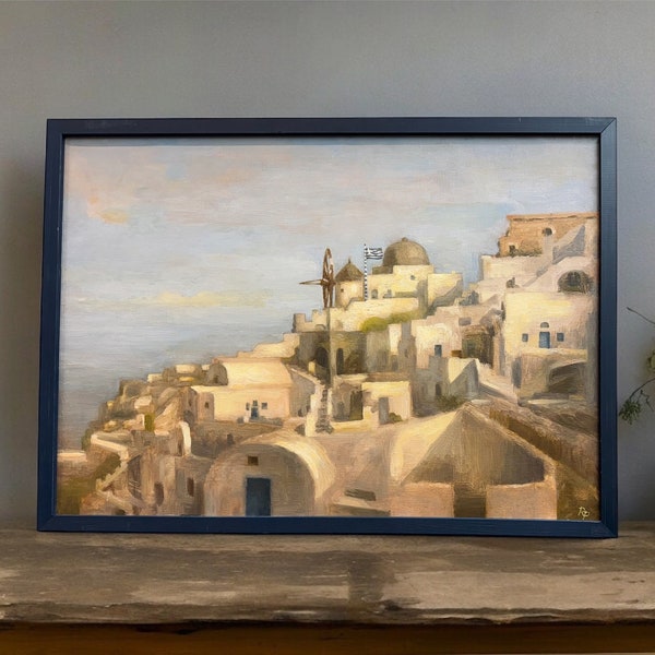 Robert Padovano Original Oil Painting custom frame. Greece, Blue, Buildings, Santorini
