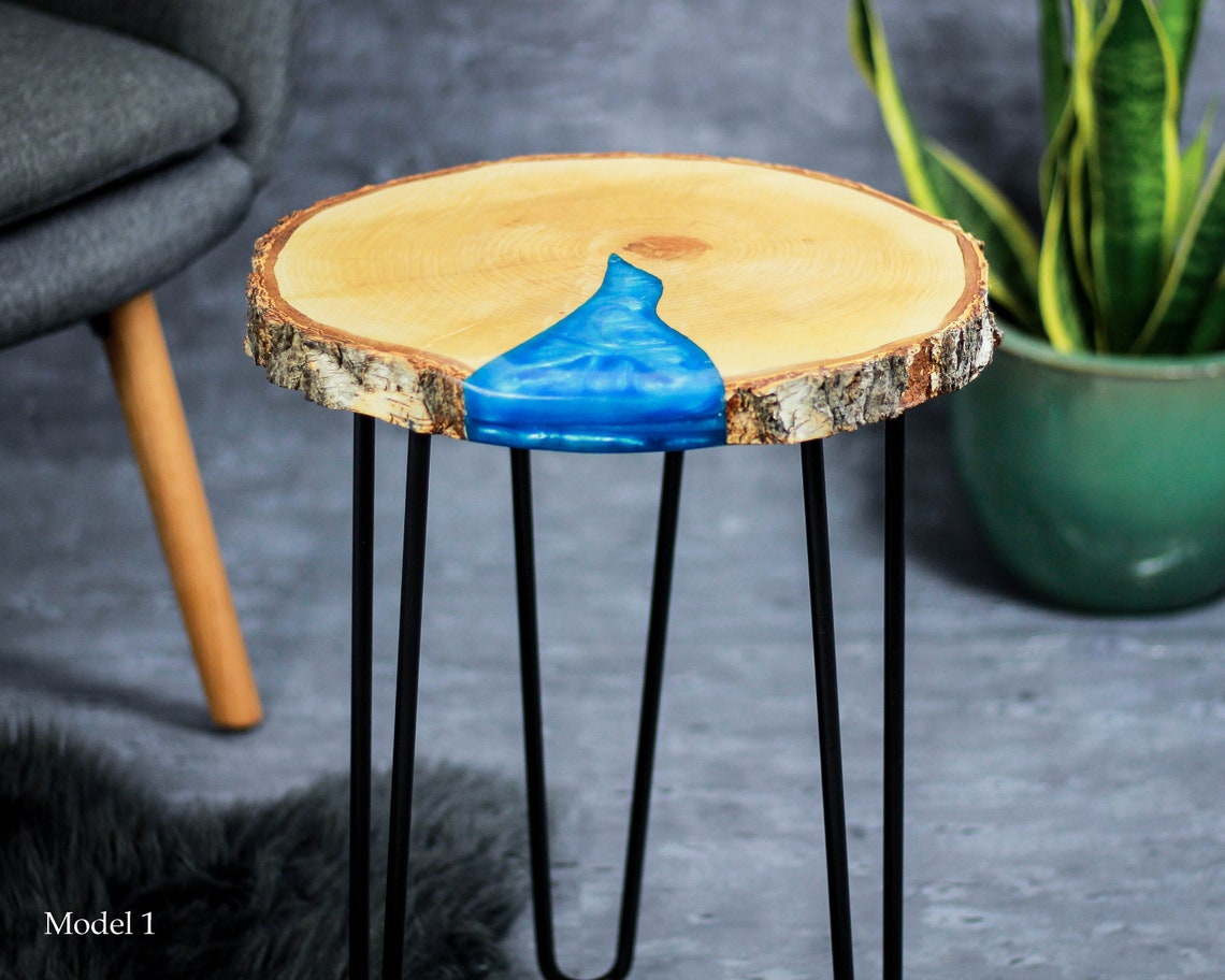 Blue Resin End Table Epoxy round river side table Small Etsy