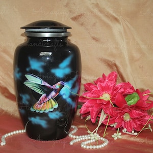 Hummingbird Cremation Urn for Human Ashes – Hand Painted Black Memorial Urn – Adult Funeral Keepsake – Nature Art Urn