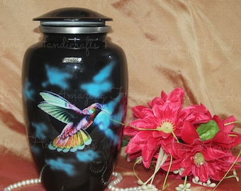 Hand-Painted Hummingbird Cremation Urn: Black Aluminum Funeral Keepsake