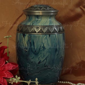 Blue Swirl Cremation Urn: Hand-Painted Funeral Urn with Silver Detail