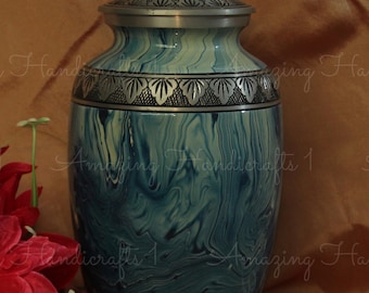 Blue Cremation Urn for Human Ashes, Adult Funeral Memorial Urn, Teal Marble Design, 220 Cubic Inch Capacity, Free Adult Urn Bag Home Tribute
