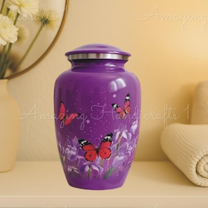 Purple Butterfly Cremation Urn for Human Ashes – Adult Funeral Memorial Keepsake, Decorative Purple Urn with Flowers & Butterflies Design