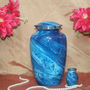 Handcrafted Blue Marble Cremation Urn for Human Ashes – Adult Funeral Memorial Urn with Silver Detailing – Elegant Keepsake Urn