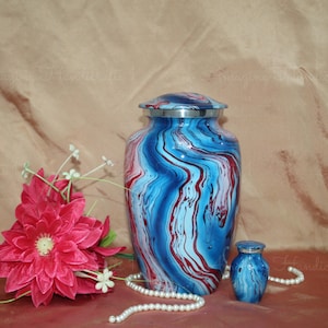 Unique Blue Marble Cremation Urn for Human Ashes – Handcrafted Funeral Memorial Urn with Elegant Silver Engraving – Adult Urn