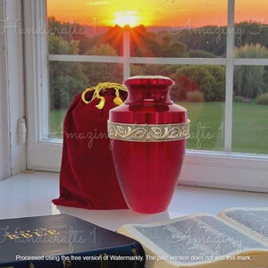 Red Cremation Urn for Ashes – Adult Funeral Urn with Gold Leaf Band – Handcrafted Memorial Urn – Elegant Metal Urns