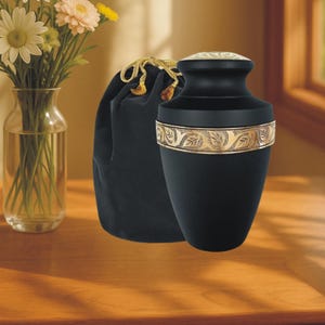 Elegant Black Adult Cremation Urn with Gold Leaf Detailing – Large Urn for Human Ashes – Funeral Memorial Tribute urns with free Velvet Bag