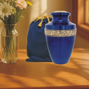 Elegant Blue Adult Cremation Urn with Gold Leaf Detailing – Large Urn for Human Ashes – Funeral Memorial Tribute Keepsake Free Velvet Bag