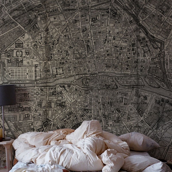 Paris Retro Map removable wallpaper, Art wall mural, Painting wall decor, Reusable, Repositionable, Peel and stick #41