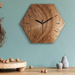 Light Brown Wood Clock, Black Hexagon Clock, Handmade Clock, Stylish Design Dining-Room Decor Clock