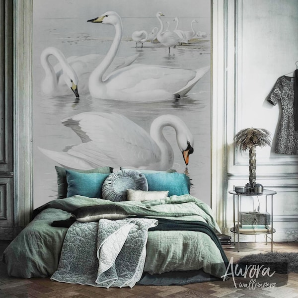 Swans removable wallpaper, Art wall decor, Painting wall mural, Reusable, Repositionable, Peel nad stick, Temporary wallpaper #44