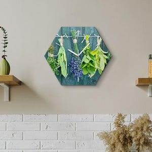 Hanging Herbs Clock, Blue Hexagon Clock, Wall Decor, Aesthetic Ktichen Makeover Clock