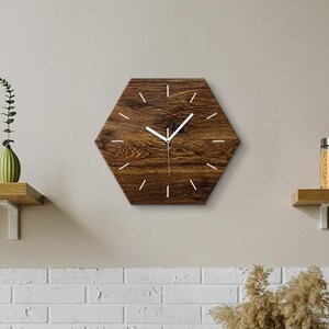 Brown Wooden Panels Clock, Black Hexagon Clock, Handmade Clock, Stylish Design Dining-Room Decor Clock