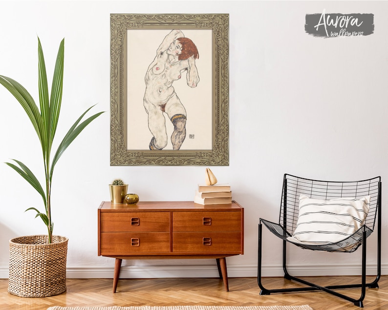 Femme nue nue dans des bas noirs 1917 par Egon Schiele Sticker mural dessin au trait original féminin, décoration de chambre beige, décalcomanies 29VS image 3