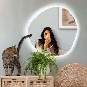 Light Hanging LED Mirror, Contemporary Design, Mirror for Bathroom, Vanity Mirror, Irregular Shape Mirror, Handmade