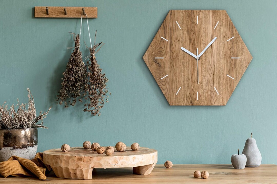 Cozy Wooden Panels Clock, Brown Hexagon Clock, Wall Decor, Aesthetic ...