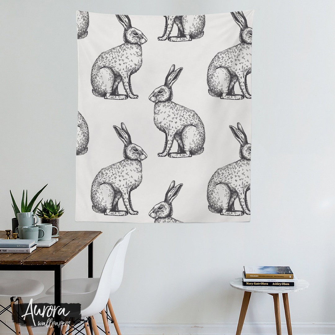 Rabbit Tapestry Black and White Pattern Animals Sketch Etsy
