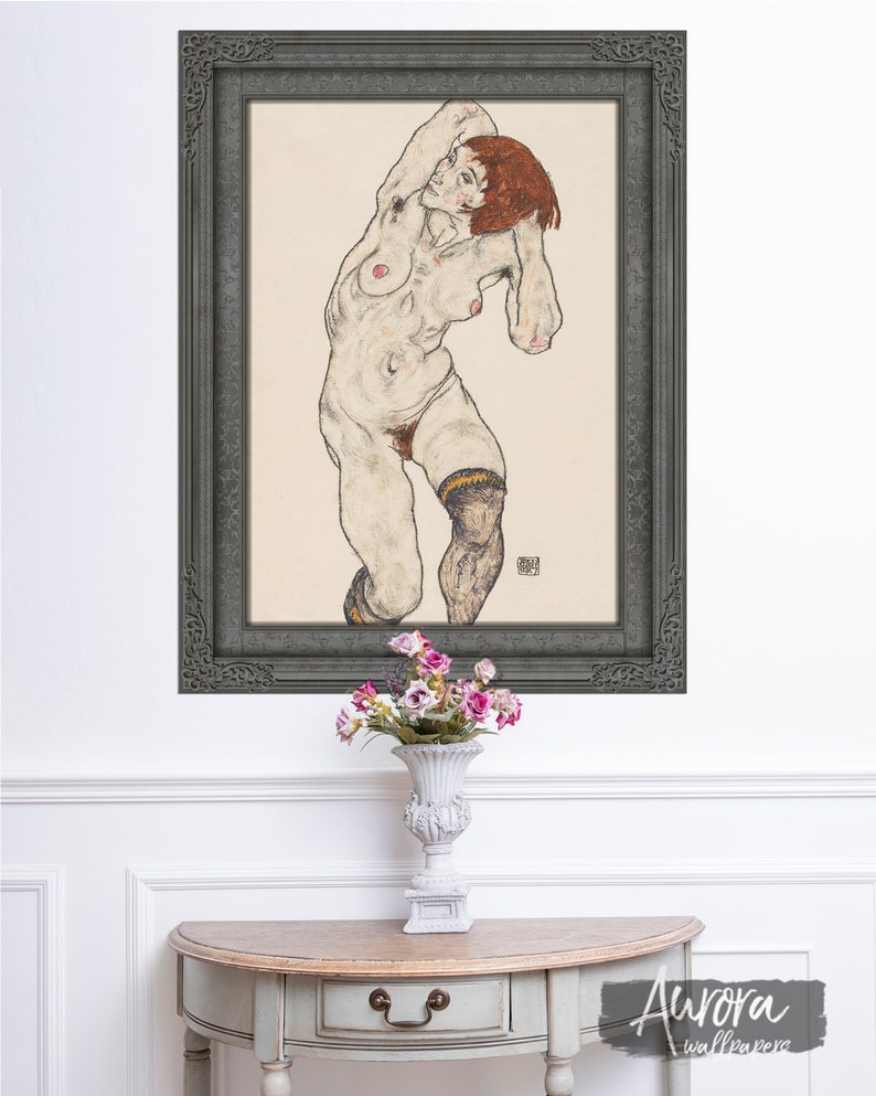 Femme nue nue dans des bas noirs 1917 par Egon Schiele Sticker mural dessin au trait original féminin, décoration de chambre beige, décalcomanies 29VS image 2
