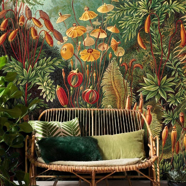 Amazonian Jungle removable wallpaper, Repositionable, Peel and stick, Bright plants, Colourful, Retro wall mural, Tropical wall decor #07