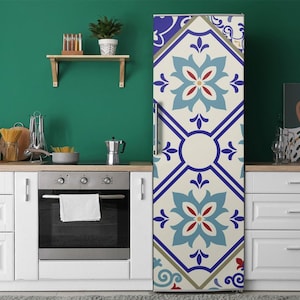 Modern Refrigerator Cover, Portuguese Mosaics, Fridge Magnetic Decal, White And Blue, Fridge Magnetic Decal, Housewarming Gift