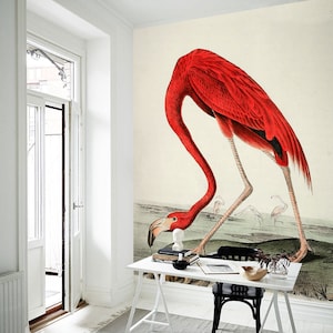 Marching Flamingo wall mural, Retro wall decor, Removable wallpaper, Temporary wallpaper, Reusable, Peel and stick, Repositionable #53