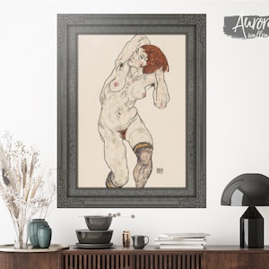 Femme nue nue dans des bas noirs 1917 par Egon Schiele Sticker mural dessin au trait original féminin, décoration de chambre beige, décalcomanies 29VS image 1