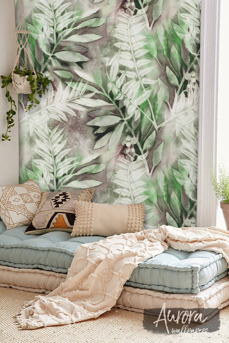 Watercolor Leaf removable wallpaper Reusable Repositionable Etsy