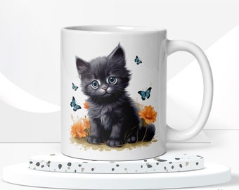 Cute Kitten and Butterflies Coffee Mug, Cat Mug, Cat Lovers Gift, Printed on Both Sides, 11 oz or 15 oz Mug