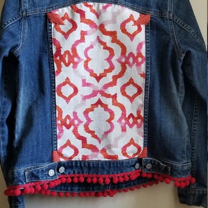 Embellished jean jacket, upcycled jean jacket, pink jacket, red jacket, ecofashion