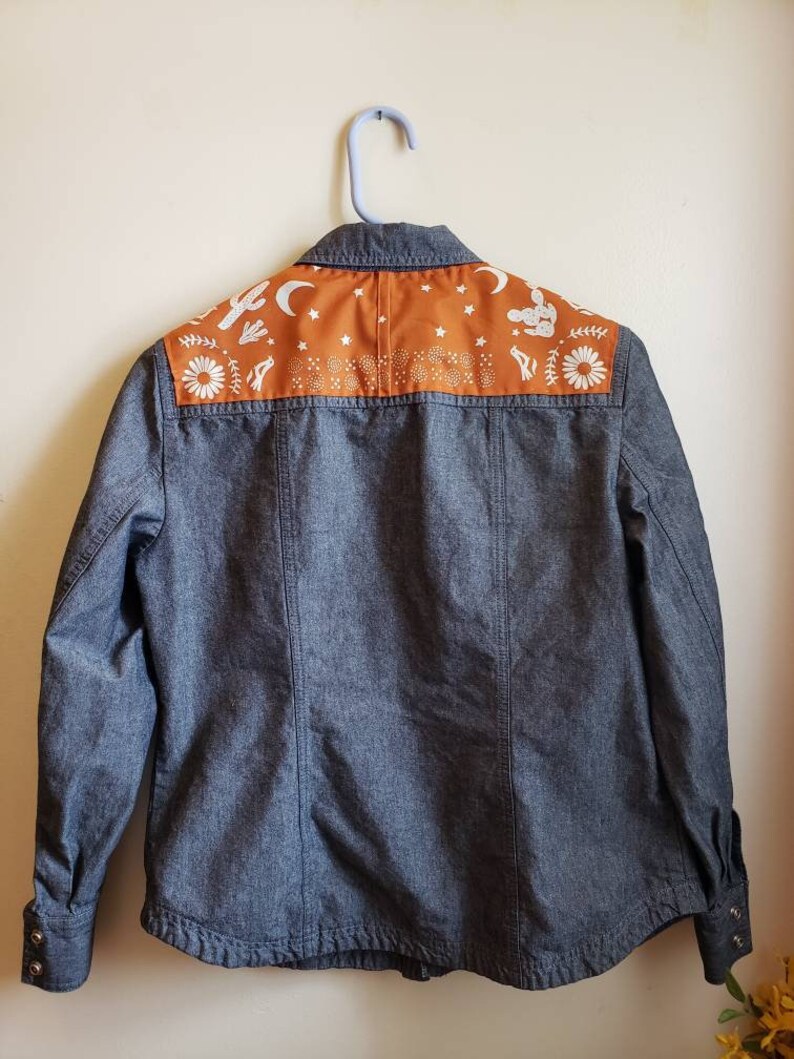 cowgirl Size 10 denim shirt cactus OOAK embellished denim shirt bandana print jean shirt