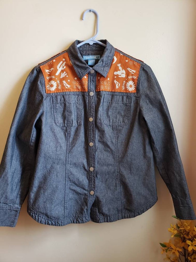 cowgirl Size 10 denim shirt cactus OOAK embellished denim shirt bandana print jean shirt
