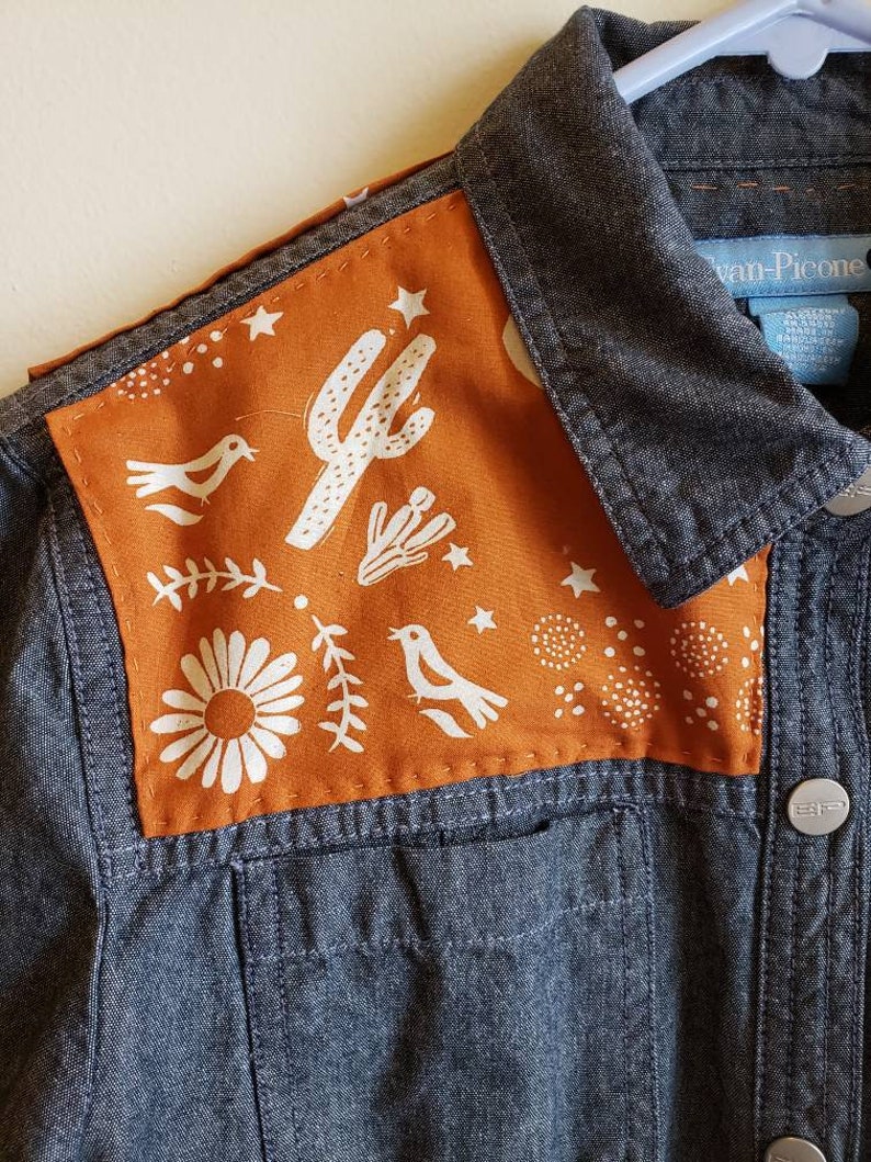 cowgirl Size 10 denim shirt cactus OOAK embellished denim shirt bandana print jean shirt