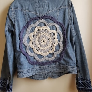 Bohemian, Jean jacket, upcycled jacket ,denim jacket, crochet jacket, doily jacket, eco fashion
