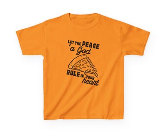 Let the Peace of God Rule Youth T-Shirt, Colossians 3 15 Christian Pizza Shirt, Funny Faith Tee for Kids, Retro Bible Verse Graphic Tee