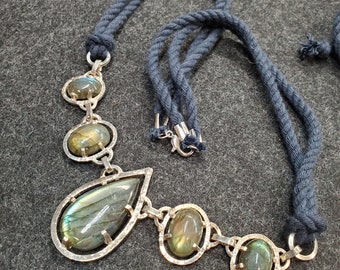 Sterling Silver Frame Five Stone Labradorite Necklace on Cord