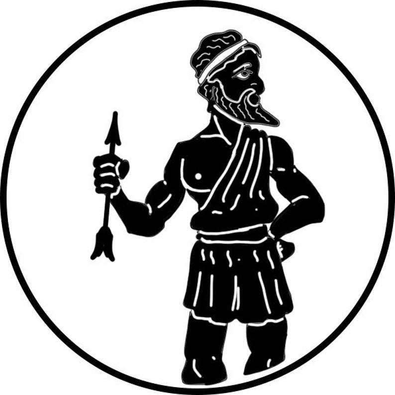 May include: Black and white silhouette of a man holding a spear, inside a circle.