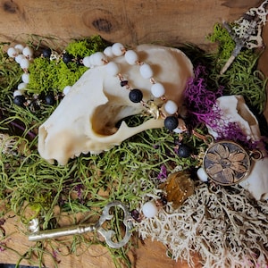 Hekataeon Hekate&#39;s Ladder Rosary Talisman Variant, Brass with Bone, Lava, and Garnet Beads