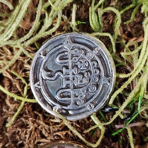 May include: A silver-colored, circular pendant with an intricate, embossed design. The pendant features a central symbol surrounded by ornate patterns and is set against a backdrop of green and brown moss.