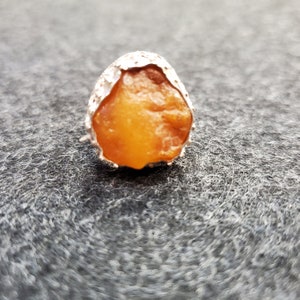 Sterling Silver Ring with Raw Amber Set in Bezel with Gallery Wire